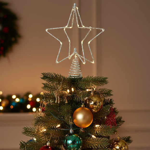 Metal 3D LED Silver Glitter Star Christmas Tree Topper