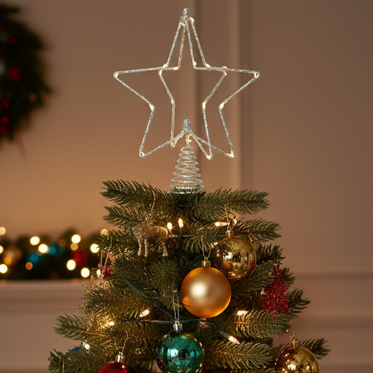 Metal 3D LED Silver Glitter Star Christmas Tree Topper