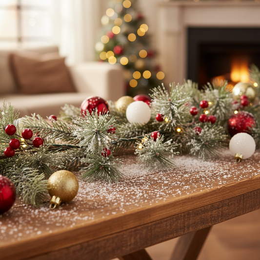 A segment of a decorative garland with green foliage and red berry accents, equipped with small LED lights.