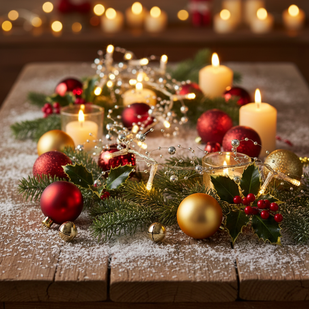 A garland of LED lights with warm white bulbs, arranged in a Christmas-themed decoration with a transparent cable and battery-operated mechanism.
