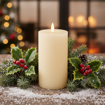 Cream LED Wick Flat Top Wax Christmas Candle 15cm x 7cm