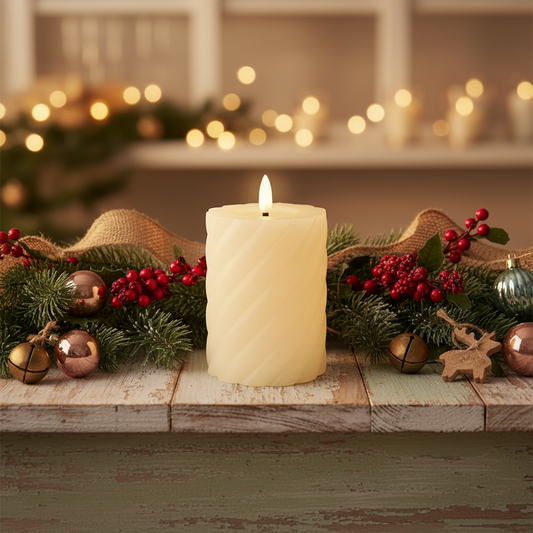A cream-colored, twisted wax LED candle with a melted top, emitting a warm white glow.