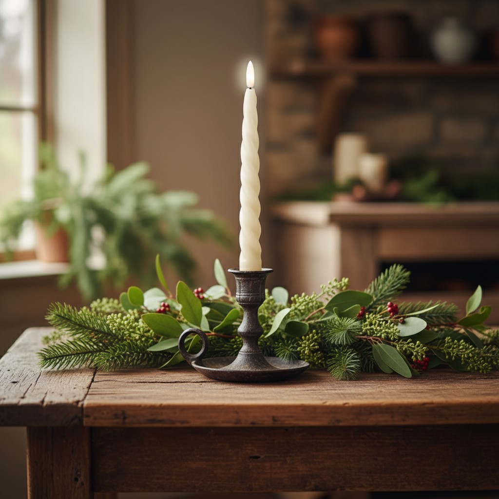 A single cream-colored twisted dinner candle with an LED light lit at the top, set against a brown background.