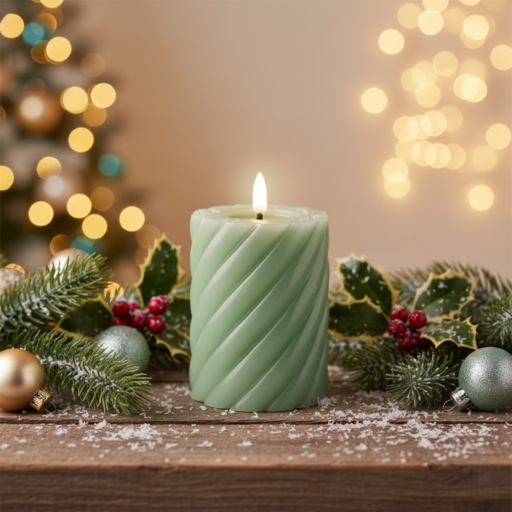 Green LED Wick Twisted Wax Christmas Candle with Melted Top 12.3cm x 7.5cm