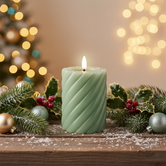 Green LED Wick Twisted Wax Christmas Candle with Melted Top 12.3cm x 7.5cm