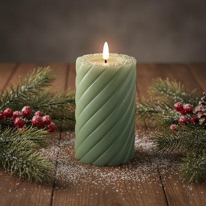 Green LED Wick Twisted Wax Christmas Candle with Melted Top 14.8cm x 7.5cm