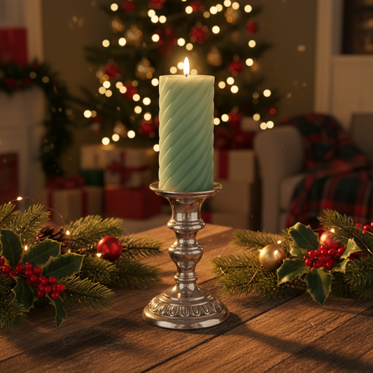 Decorative candle on a silver holder with Christmas decorations and a tree in the background.