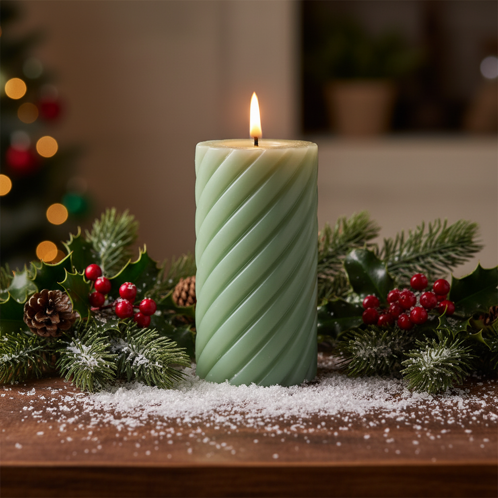 Green LED Wick Twisted Wax Christmas Candle with Melted Top 17.3cm x 7.5cm