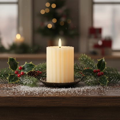 Cream LED Wick Carved Wax Christmas Candle with Melted Top 12.3cm x 7.5cm