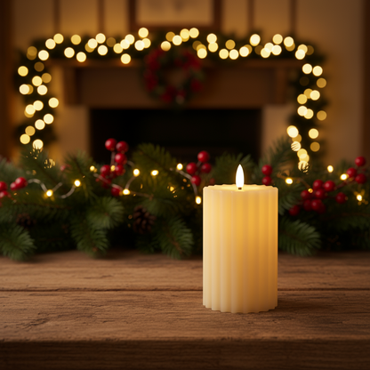 Cream LED Wick Carved Wax Christmas Candle with Melted Top 14.8cm x 7.5cm