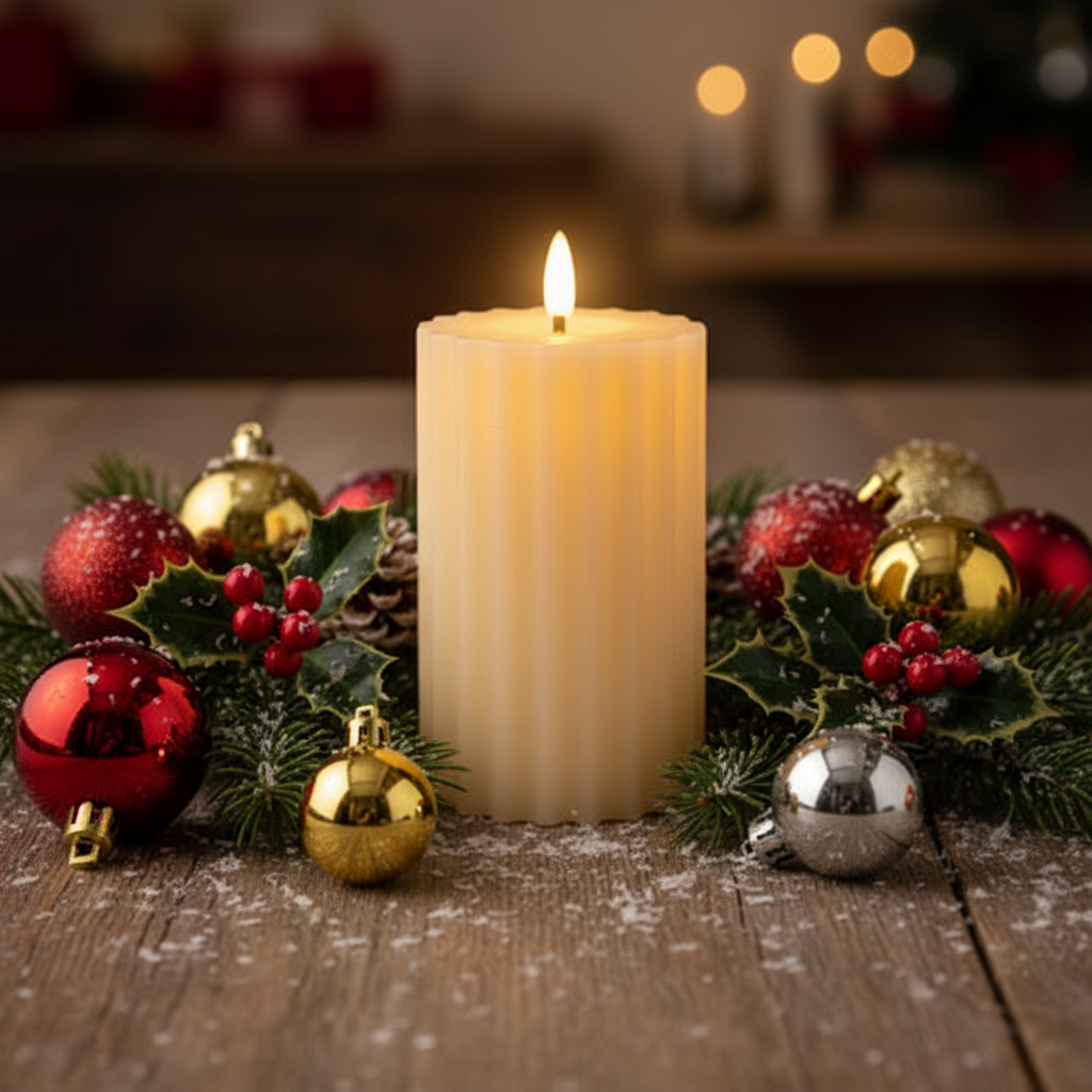 Candle with Christmas decorations on a wooden surface