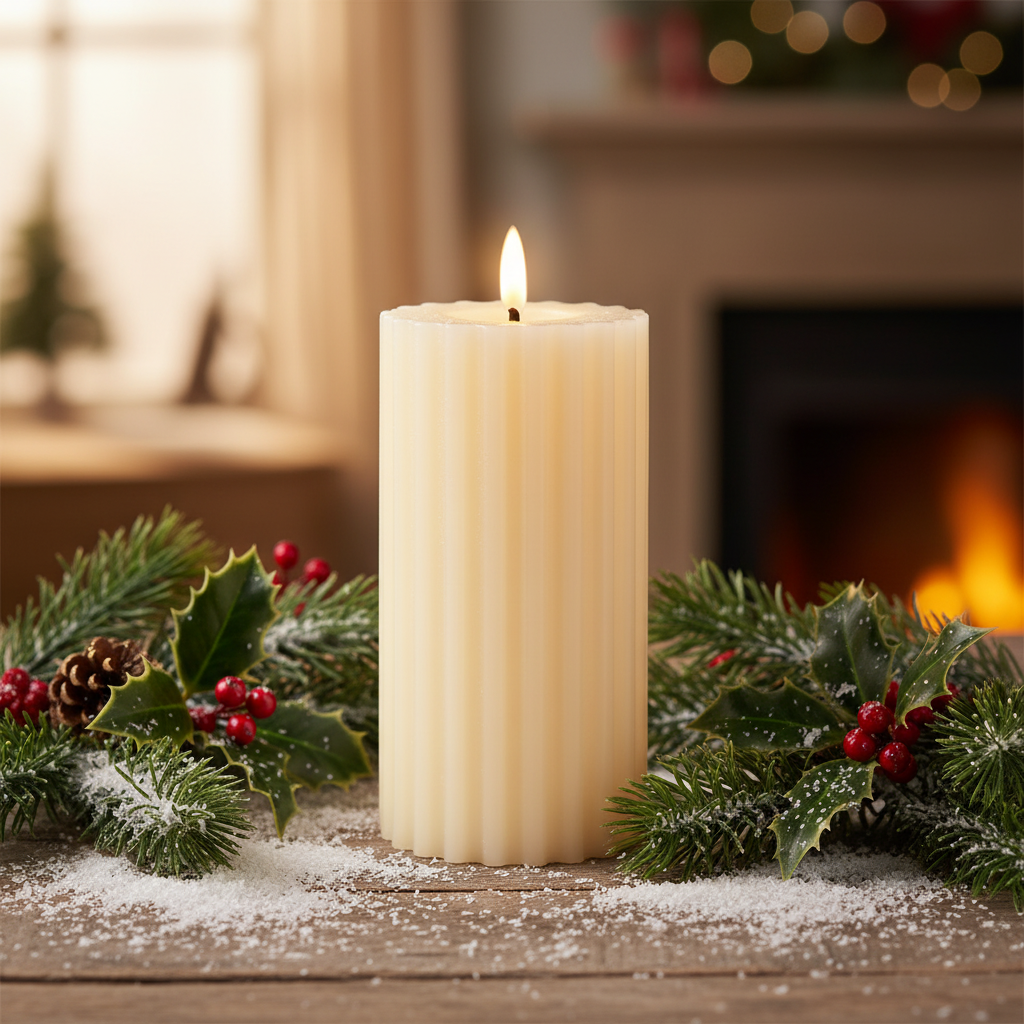Candle with Christmas decorations on a wooden surface in front of a fireplace