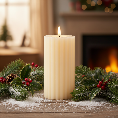 Candle with Christmas decorations on a wooden surface in front of a fireplace