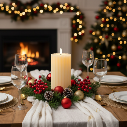 Cream LED Wick Carved Wax Christmas Candle with Melted Top 17.3cm x 7.5cm