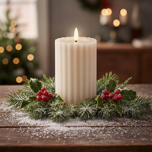 Taupe LED Wick Carved Wax Christmas Candle with Melted Top 14.8cm