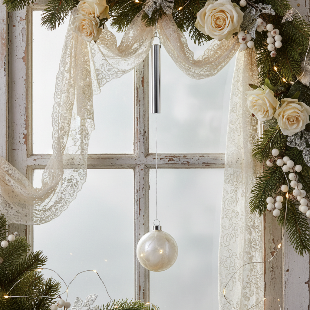 A silver-colored LED light string with a frosted glass ball Christmas decoration hanging from a ceiling.