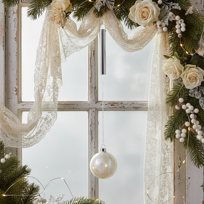 A silver-colored LED light string with a frosted glass ball Christmas decoration hanging from a ceiling.