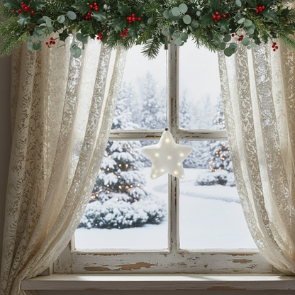 A frosted star-shaped glass Christmas decoration with warm white LED lights, hanging from a silver rope.