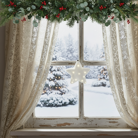 A frosted star-shaped glass Christmas decoration with warm white LED lights, hanging from a silver rope.