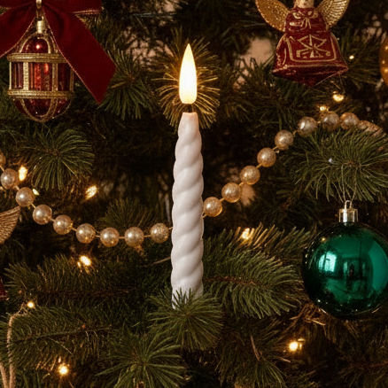 A white twist candle with a remote control for Christmas tree lights. The candle is wrapped around a cylindrical form, presumably the candle holder, and the remote has three buttons labeled 'on', 'off', and 'time'.