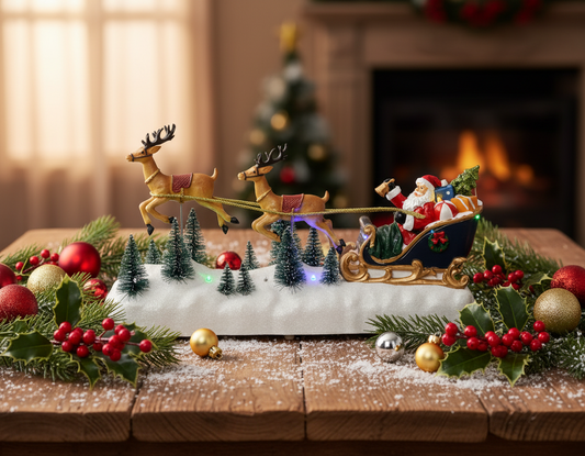 A Christmas decoration featuring a sleigh with Santa Claus and reindeer, with a backdrop of snowy trees and a clear night sky filled with twinkling stars.