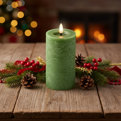 Green LED Wick Flat Top Wax Christmas Candle 15cm x 7cm