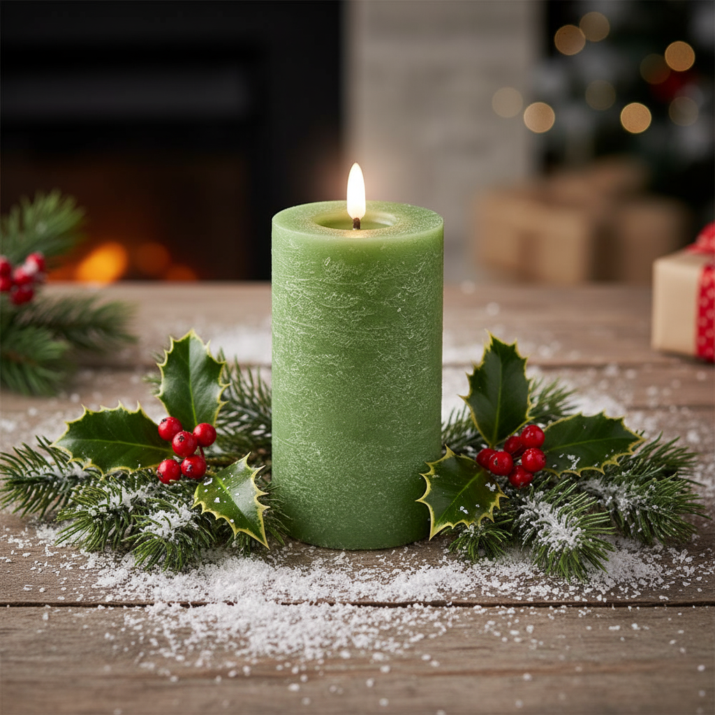 Green LED Wick Flat Top Wax Christmas Candle 15cm x 7cm
