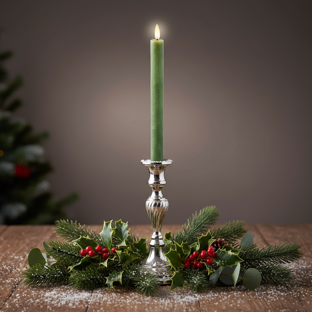 A single green LED wax dinner candle with a realistic flame effect, set against a dark background.