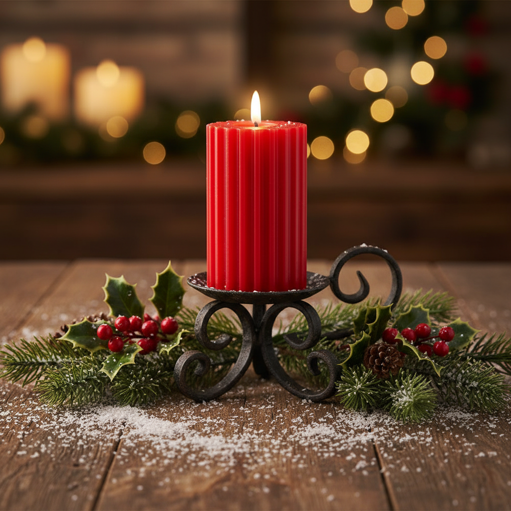 Red LED Wick Carved Wax Christmas Candle with Melted Top 14.8cm x 7.5cm