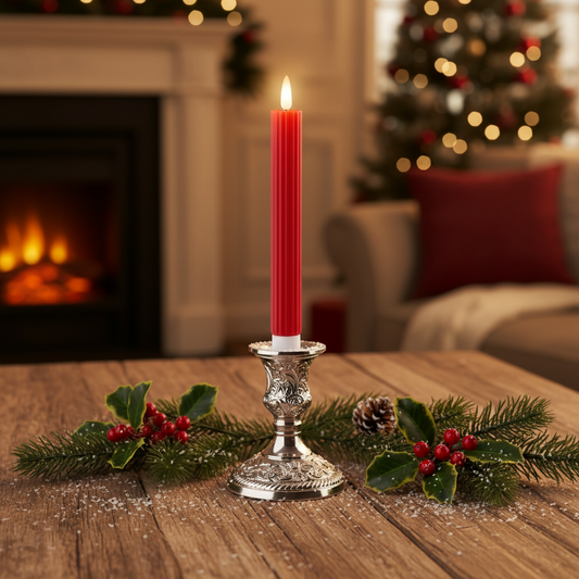 A tall, red, carved wax candle with a white wick, emitting a small light, against a dark background.