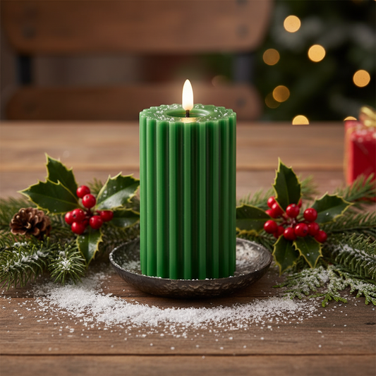 Green LED Wick Carved Wax Christmas Candle with Melted Top 14.8cm x 7.5cm
