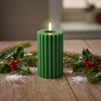 Green LED Wick Carved Wax Christmas Candle with Melted Top 14.8cm x 7.5cm