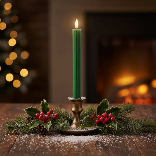 Set of 2 Green LED Wick Carved Wax Festive Dinner Candle