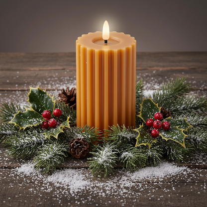 Light Brown LED Wick Carved Wax Festive Candle with Melted Top 14.8cm x 7.5cm