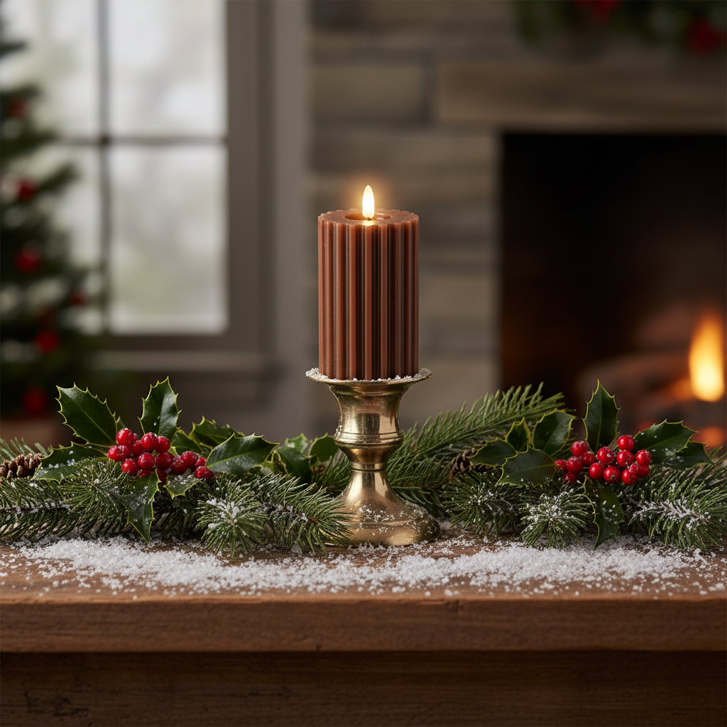 Brown LED Wick Carved Wax Christmas Candle with Melted Top 14.8cm x 7.5cm