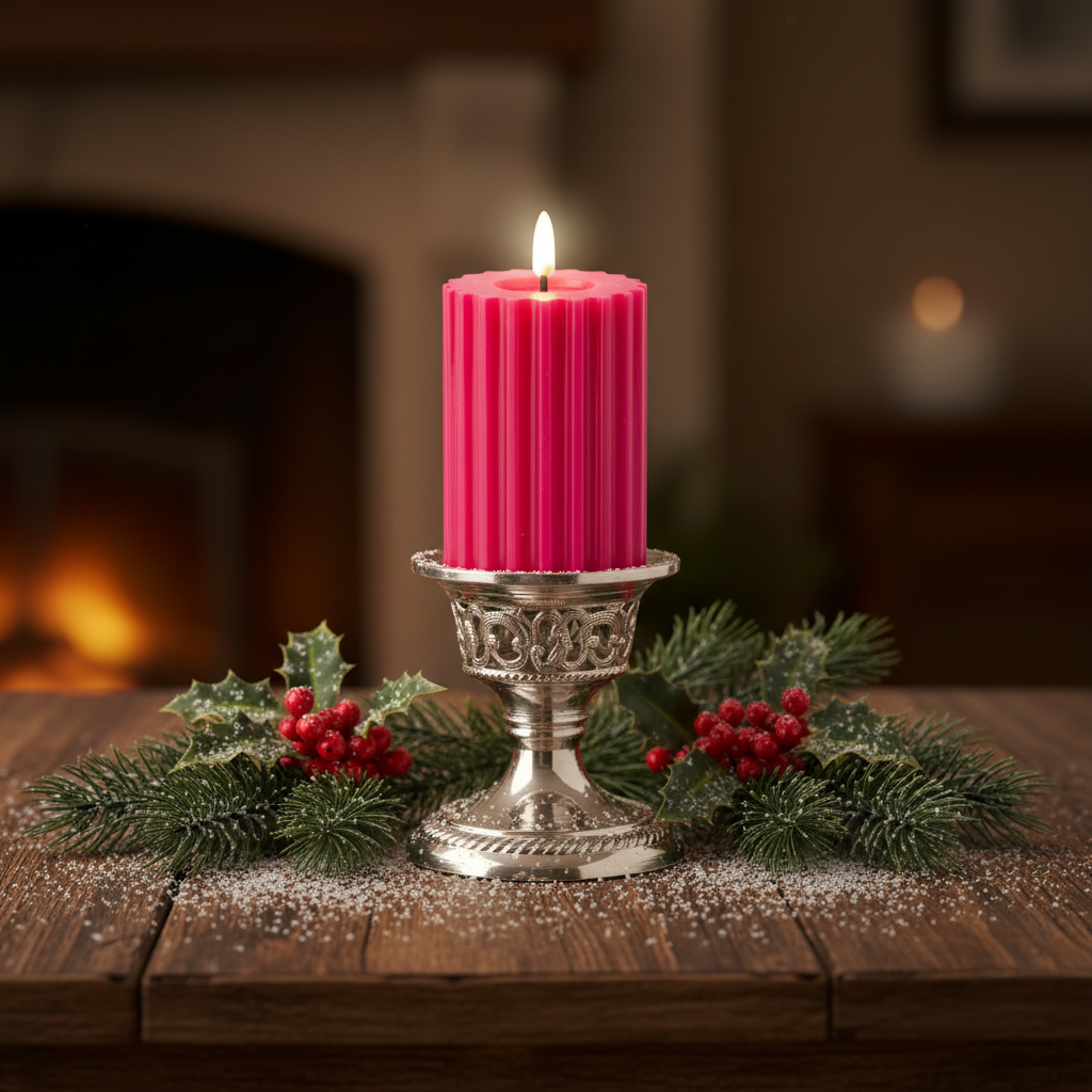 Pink LED Wick Carved Wax Festive Candle with Melted Top 14.8cm x 7.5cm
