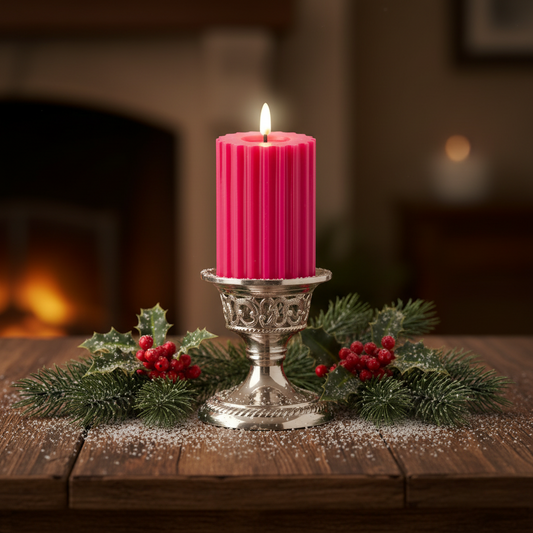 Pink LED Wick Carved Wax Festive Candle with Melted Top 14.8cm x 7.5cm