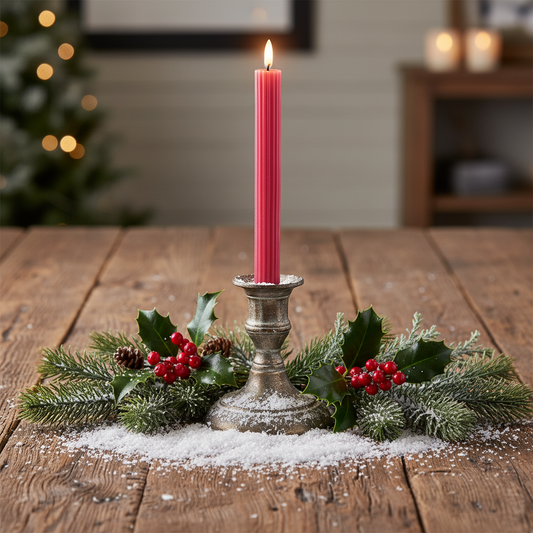 A single pink LED wick carved wax candle with a lit flame, set against a dark background.