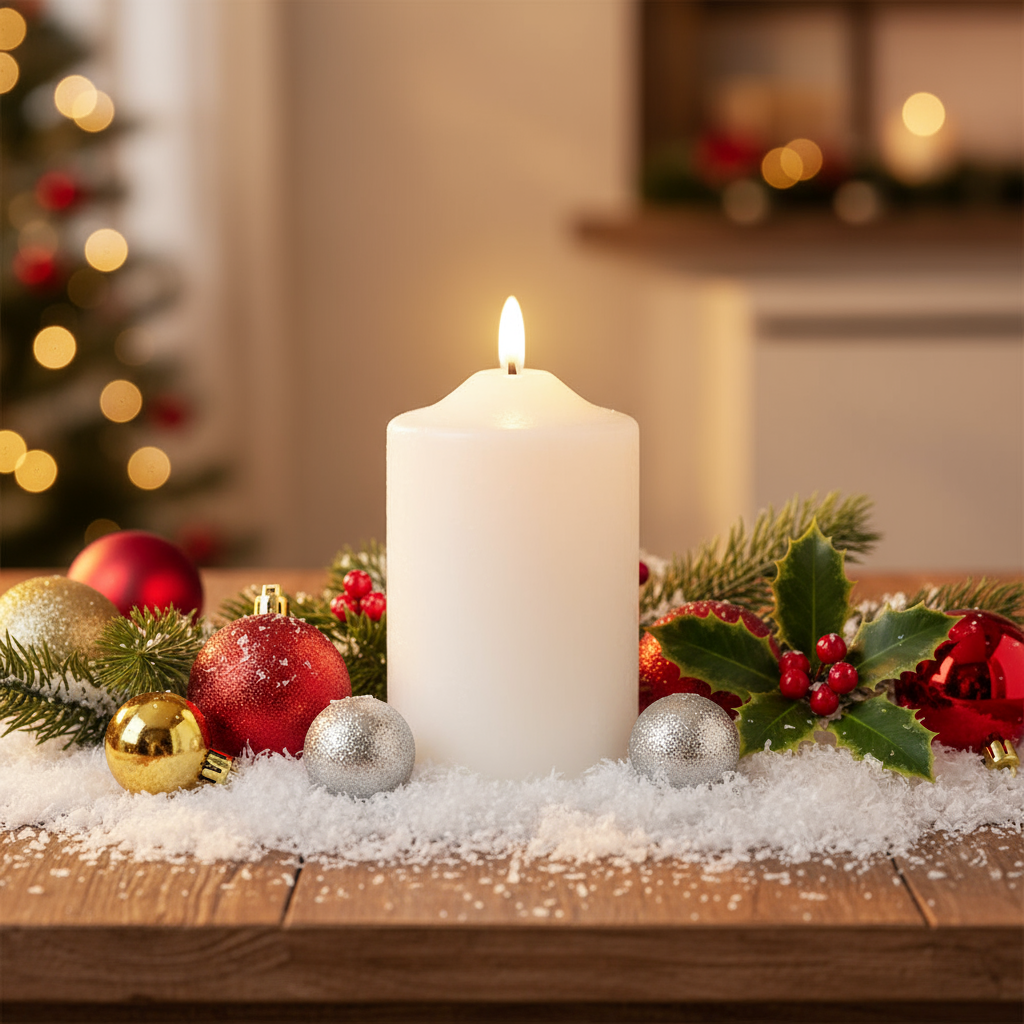 White candle surrounded by Christmas decorations on a wooden table with a blurred festive background.