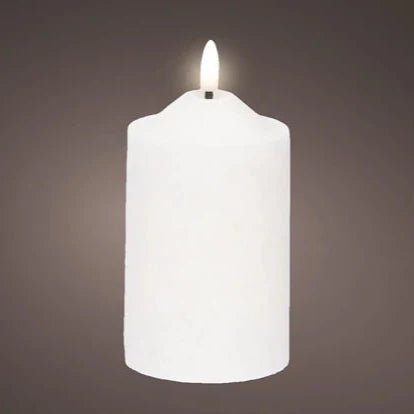 A white, cylindrical LED candle with a flickering flame effect on a dark background.