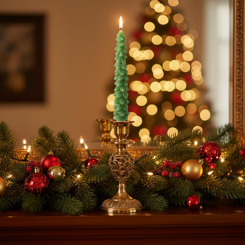 A green Christmas tree-shaped wax candle with a warm white LED wick, approximately 29cm in height.
