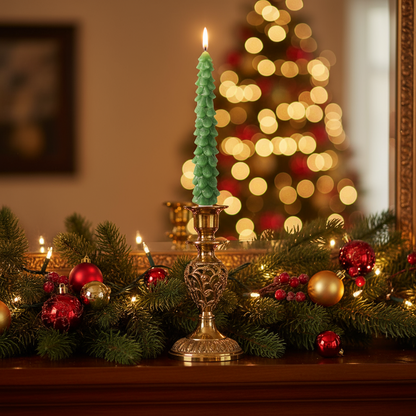 A green Christmas tree-shaped wax candle with a warm white LED wick, approximately 29cm in height.