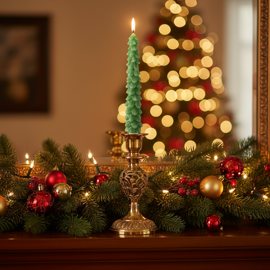 A green Christmas tree-shaped wax candle with a warm white LED wick, approximately 29cm in height.