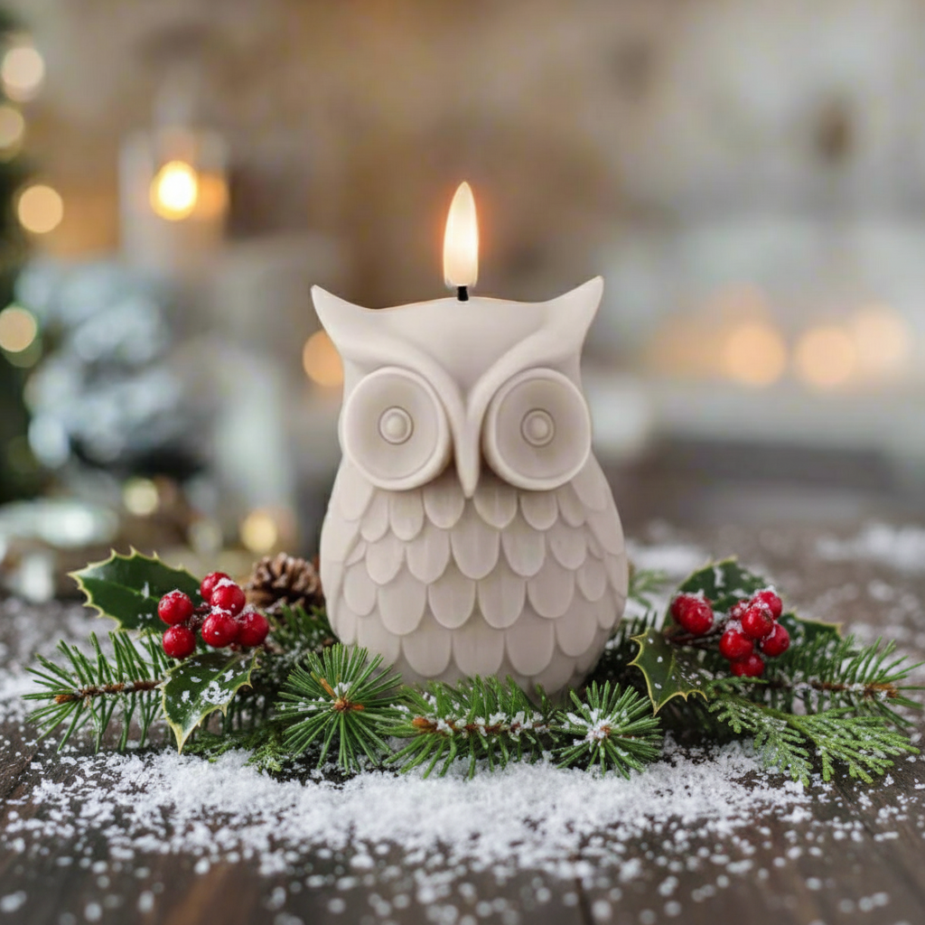 A white, owl-shaped LED wick wax candle on a wooden surface with a lit flame, creating a warm glow.