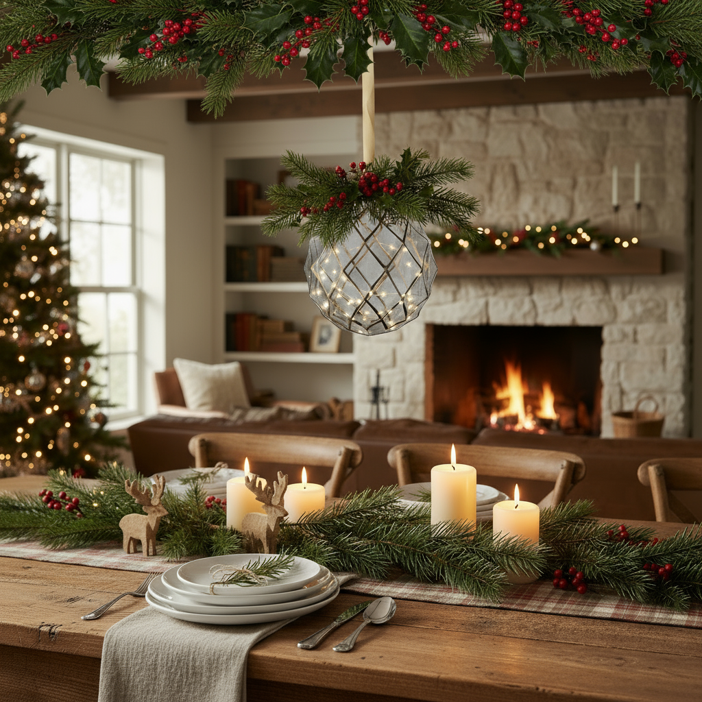 Decorated Christmas table with candles, greenery, and a fireplace in the background.