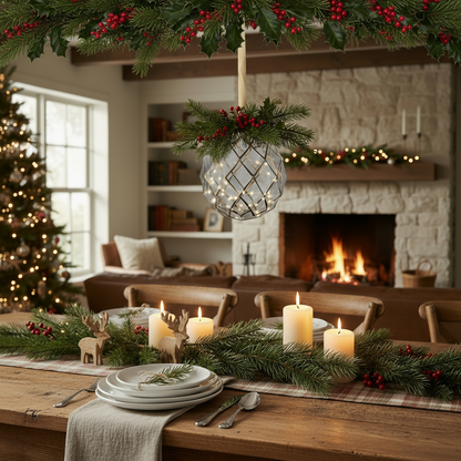 Decorated Christmas table with candles, greenery, and a fireplace in the background.