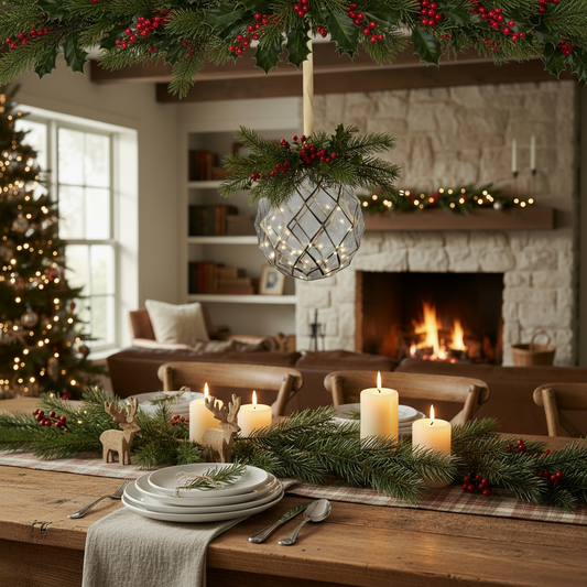 Decorated Christmas table with candles, greenery, and a fireplace in the background.