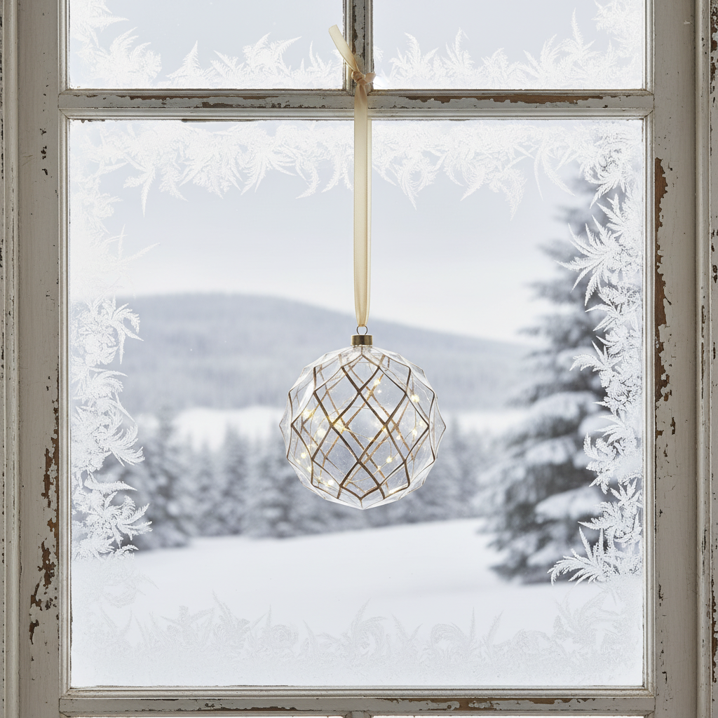 Decorative glass ball hanging in front of a window with a snowy landscape.