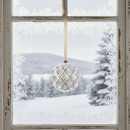 Decorative glass ball hanging in front of a window with a snowy landscape.
