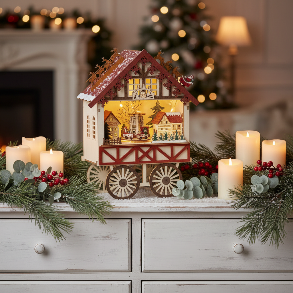Wooden Cart And market Scene Light Up Christmas Decoration